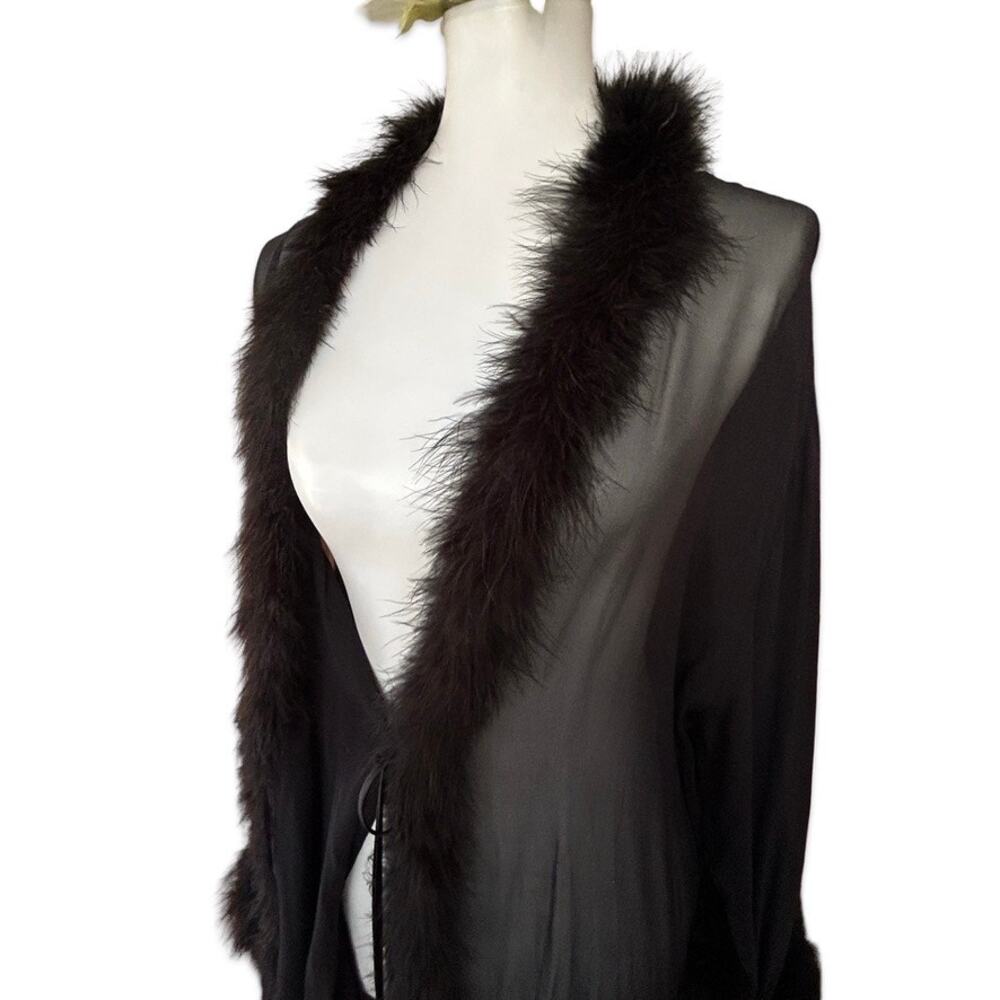 Vintage 90s Magic Silk Black Silk Marabou Feather Peignoir Robe